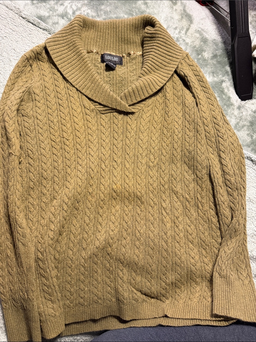 Loulou Olive Cable-Knit Shawl Collar Sweater